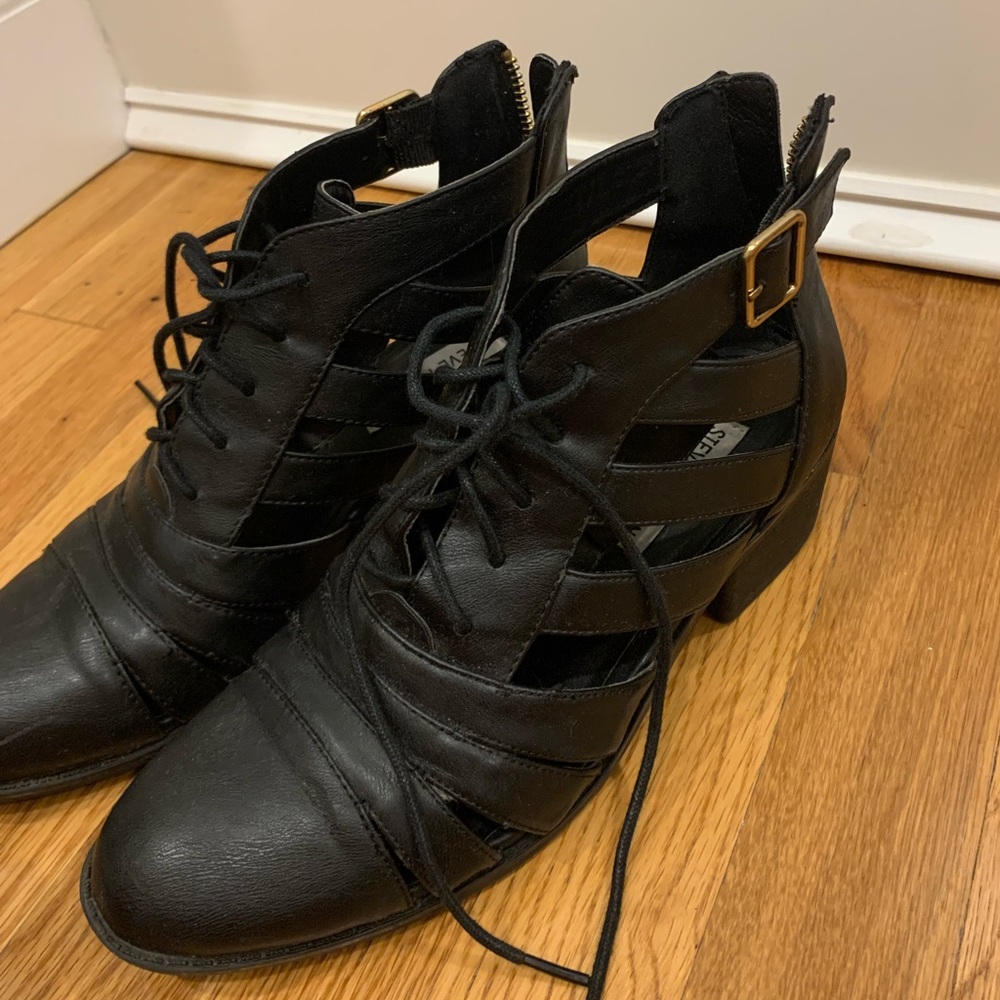 Steve Madden Faux-Leather Black Strappy Bootie